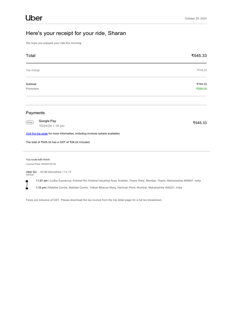 Google Pay Uber Ride Receipt | PDF