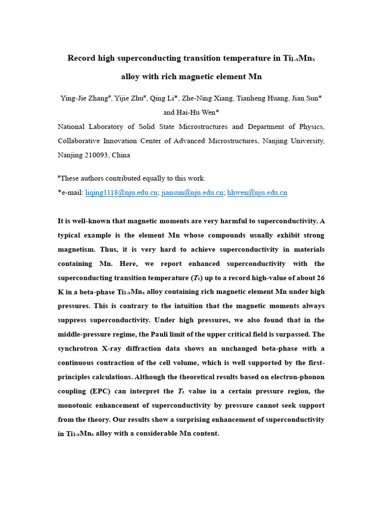 Record High Superconducting Transition Temperature in Ti MN Alloy With ...