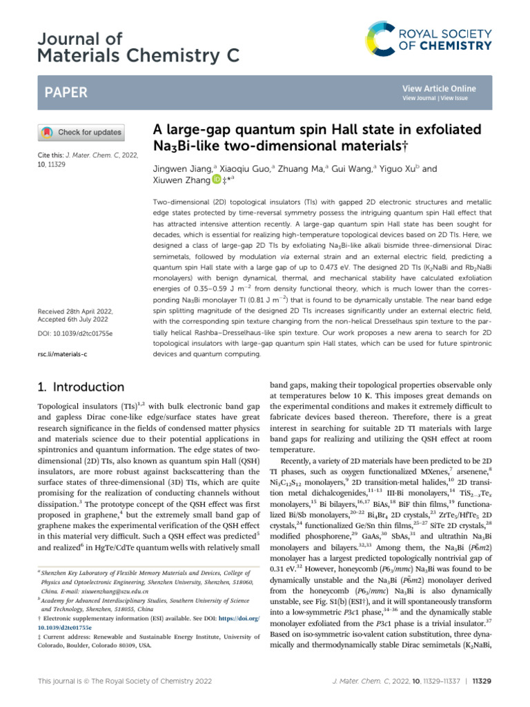 Large-Gap Quantum Spin Hall State in 2D TIs | PDF | Graphene | Young's ...