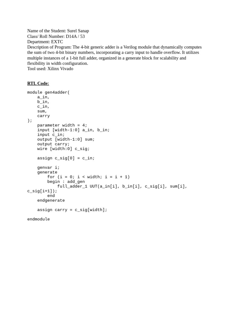 4-Bit Generic Adder Verilog Module | PDF | Technology & Engineering