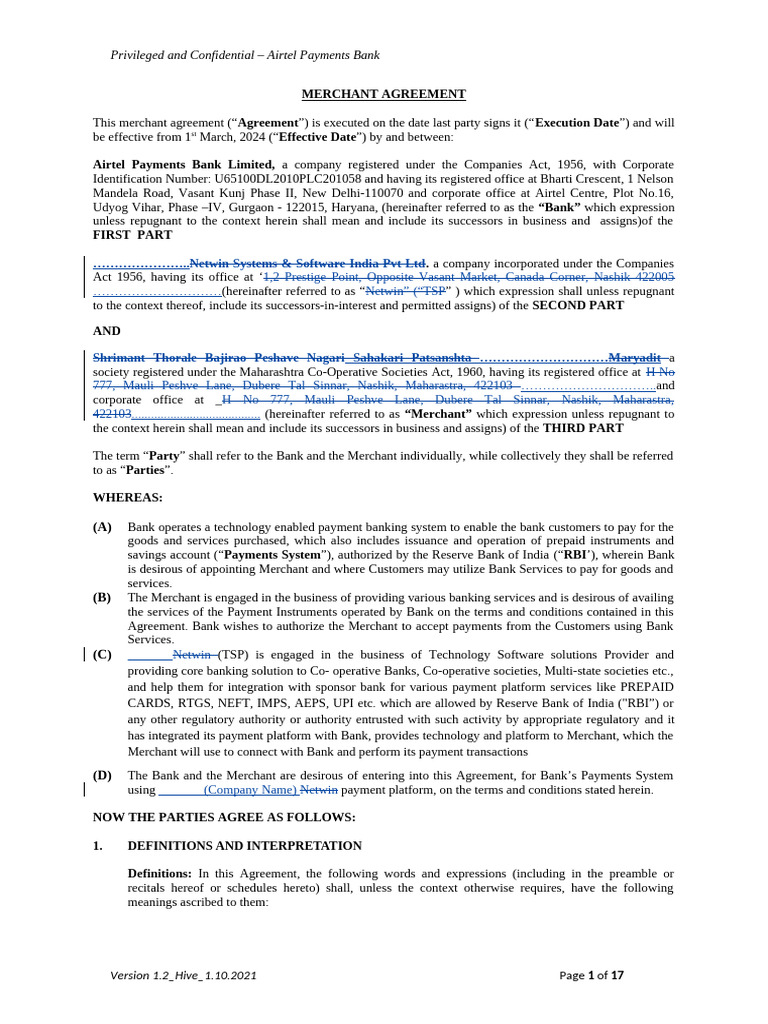 Airtel Payments Bank Merchant Agreement | PDF | Indemnity | Banks