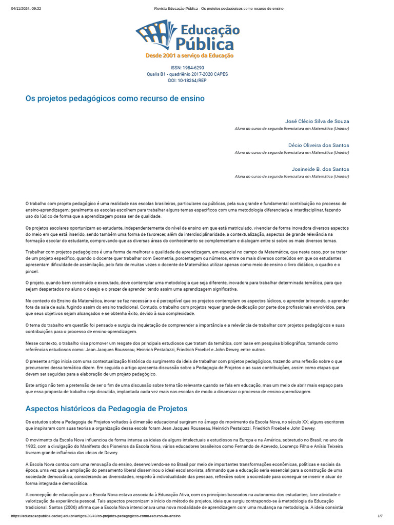 Revista Educação Pública - Os Projetos Pedagógicos Como Recurso de ...