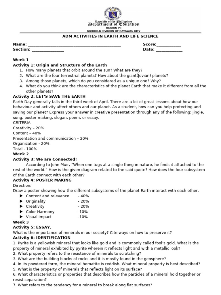 Adm Activities in Earth and Life Q 1 | PDF | Rock (Geology) | Minerals
