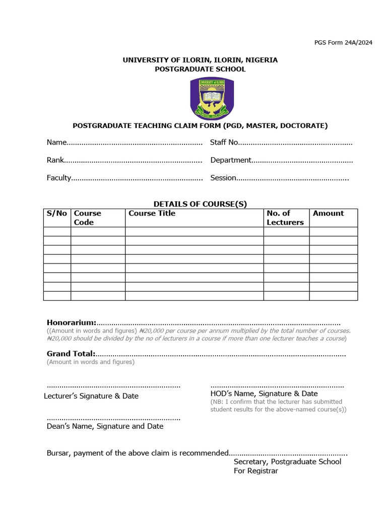 PG Supervision and Teaching Claim Form | PDF | Postgraduate Education ...