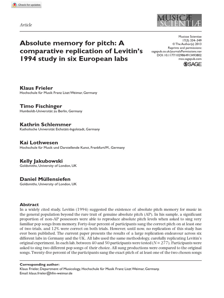 Frieler Et Al 2013 Absolute Memory For Pitch A Comparative Replication ...