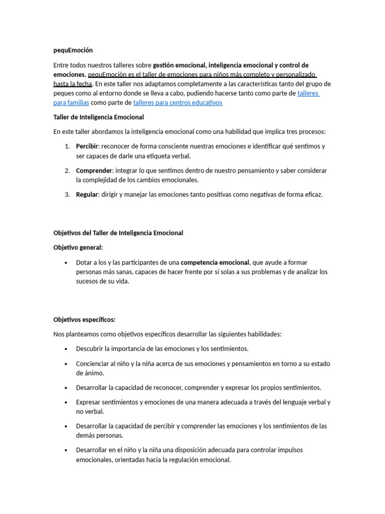 Taller de Inteligencia Emocional Infantil | PDF | Las emociones ...