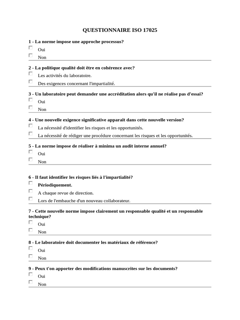 Questionnaire d'Audit ISO 17025 | PDF | Audit