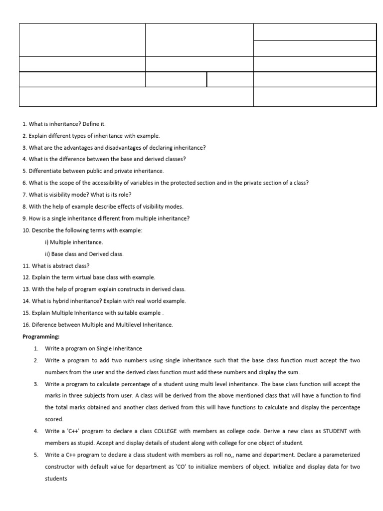 OOP Assignment on Inheritance Concepts | PDF | Class (Computer ...