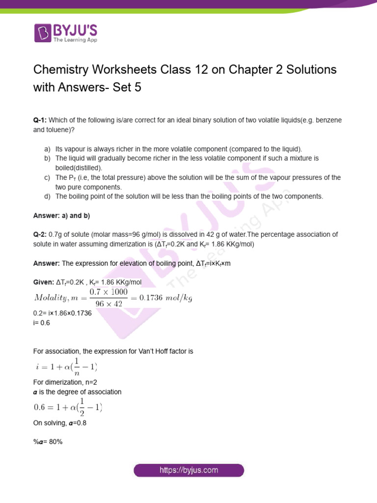 Class 12 Chemistry Solutions Worksheets | PDF | Osmosis | Solubility