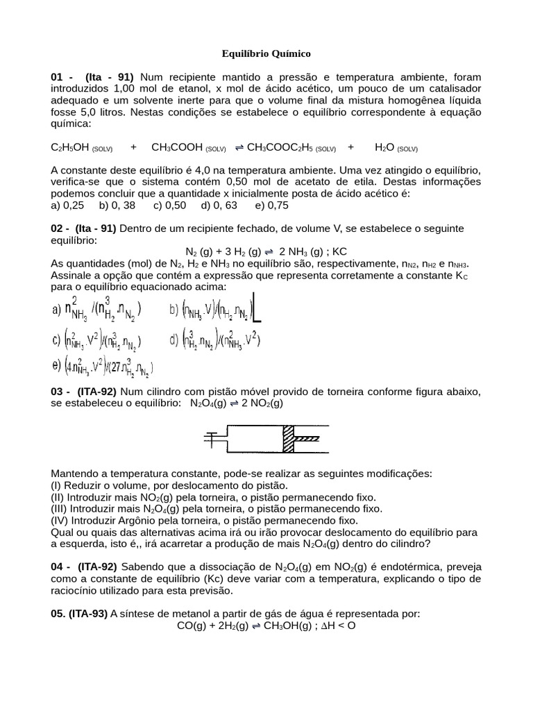 Questões sobre Equilíbrio Químico e Kc | PDF | Equilíbrio químico ...