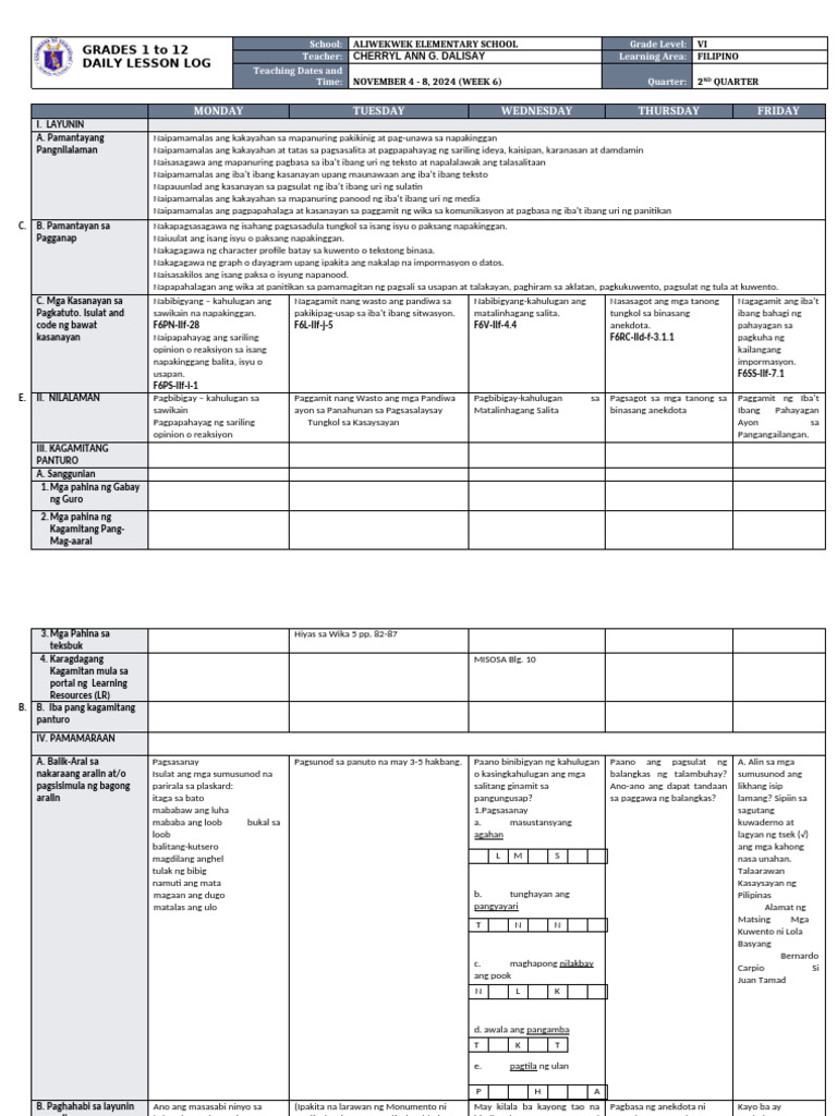 DLL - Filipino 6 - Q2 - W6 | PDF
