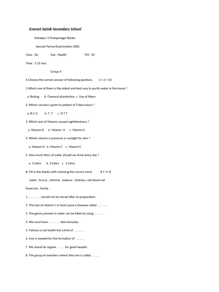 class 7 health book unit 6 exercise