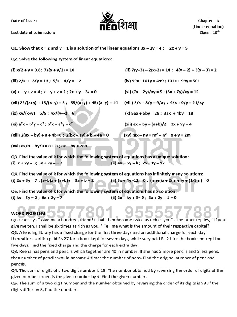 Neo Shiksha Math CH 3 Linear Equation | PDF | Algebra | Mathematical ...