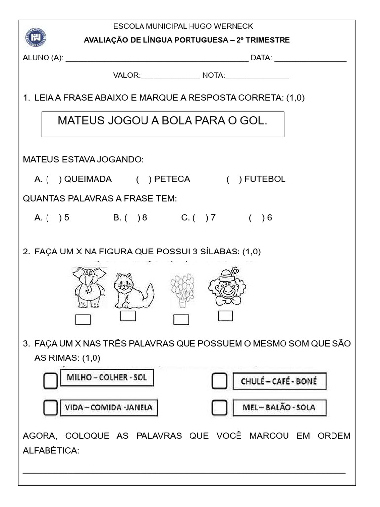 AVALIAÇÃO DE PORTUGUES 2 TRIMESTRE Julho | PDF