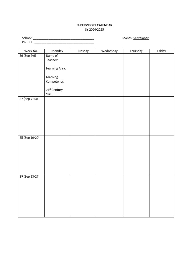 Template Supervisory Calendar | PDF