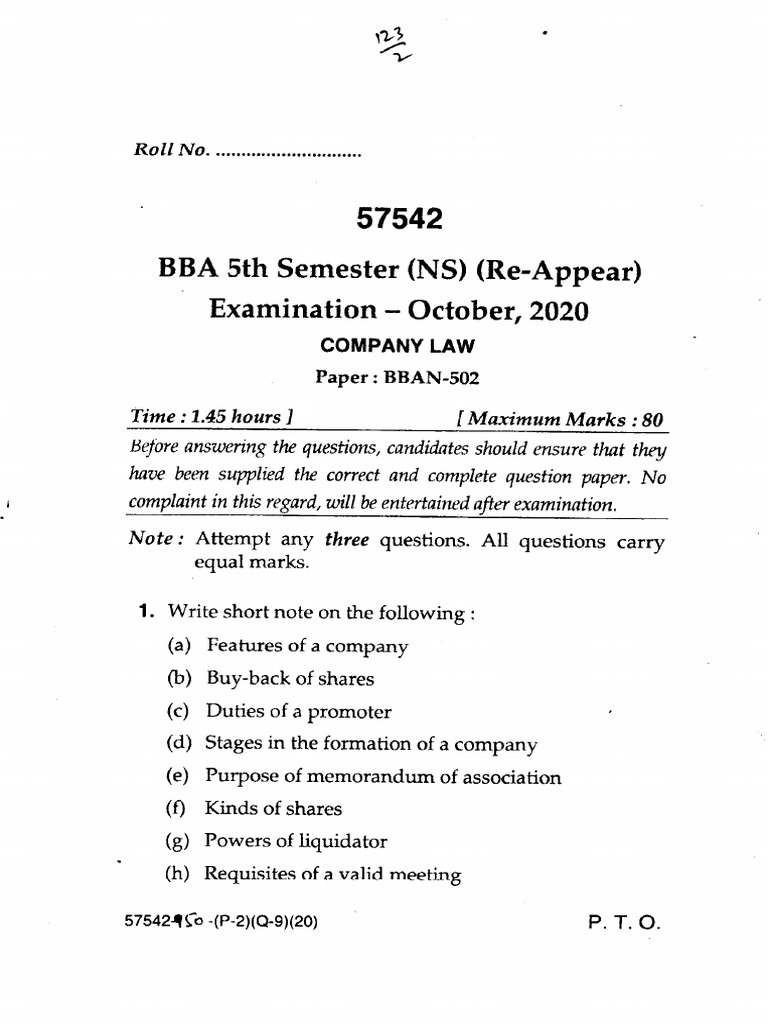 Bba 5 Sem Company Law 57542 Oct 2020 | PDF