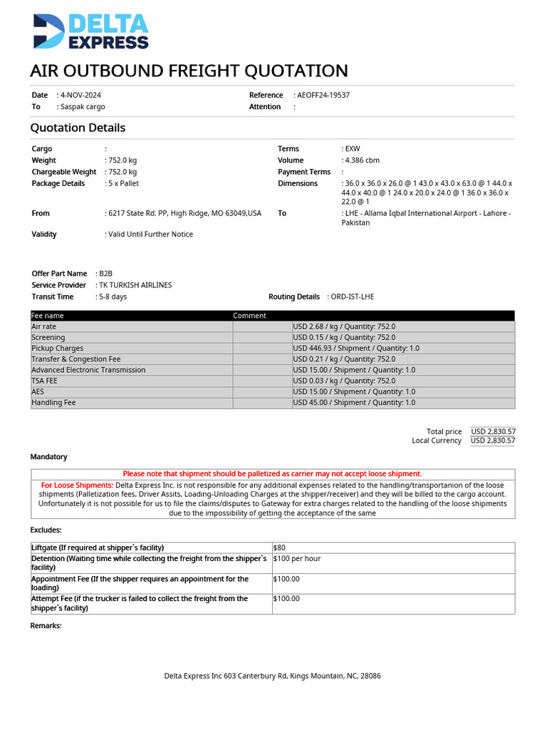 Air Freight Quotation to Lahore | PDF | Cargo | Freight Transport