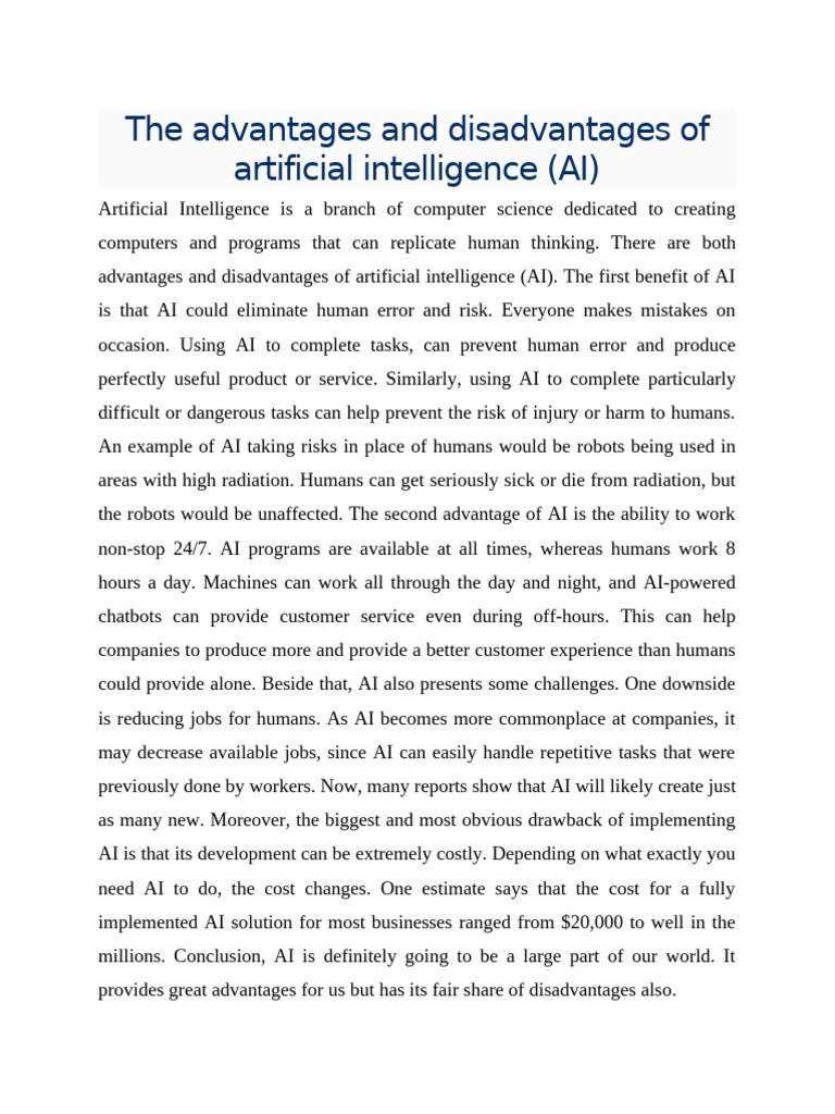 The Advantages and Disadvantages of Artificial Intelligence (AI) | PDF ...