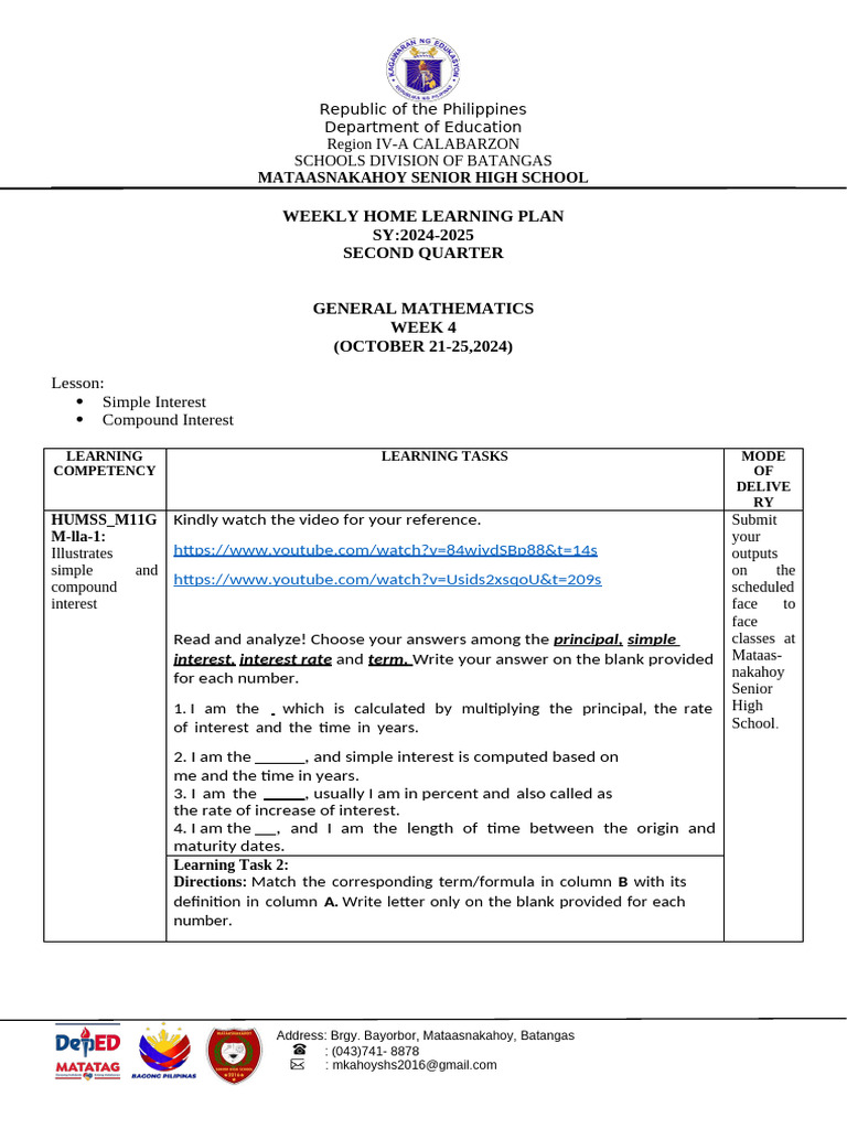 Weekly Home Learning Plan: General Mathematics | PDF | Interest ...
