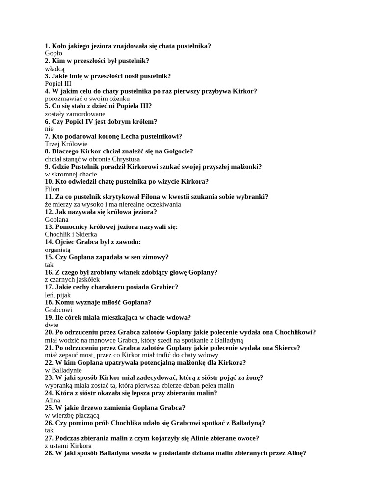 Balladyna Pytania Z Treści | PDF