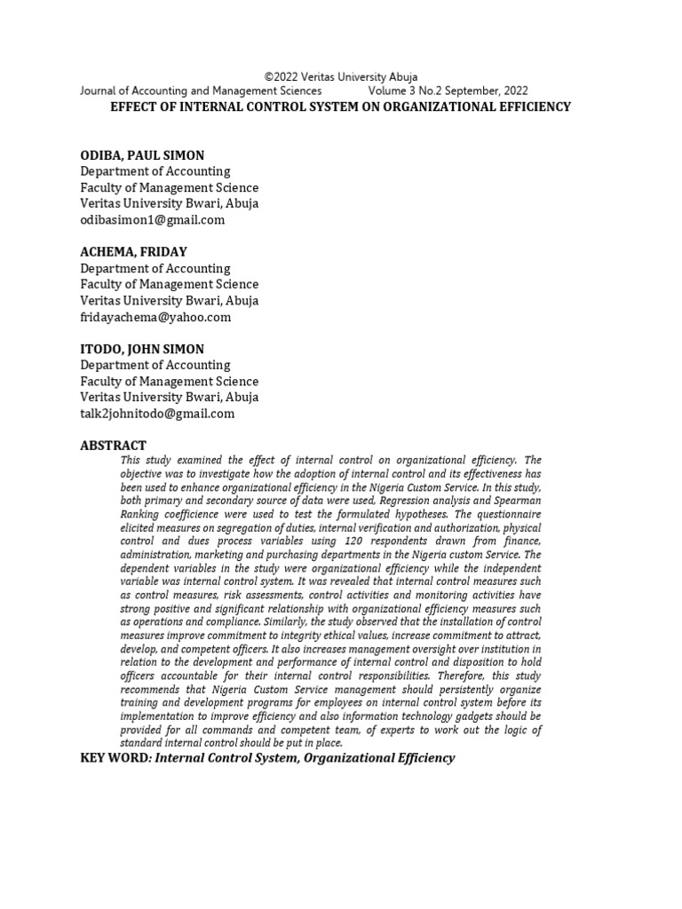 Effect of Internal Control System On Organizational Efficiency | PDF ...