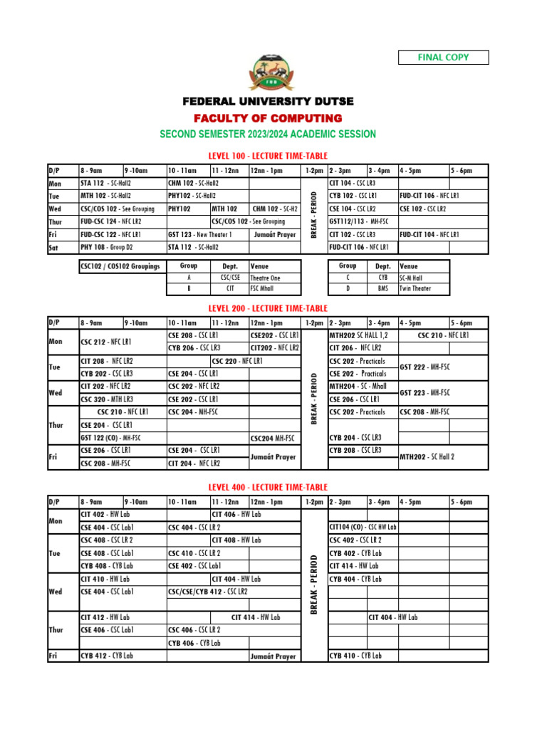 Federal University Dutse Lecture Timetable | PDF