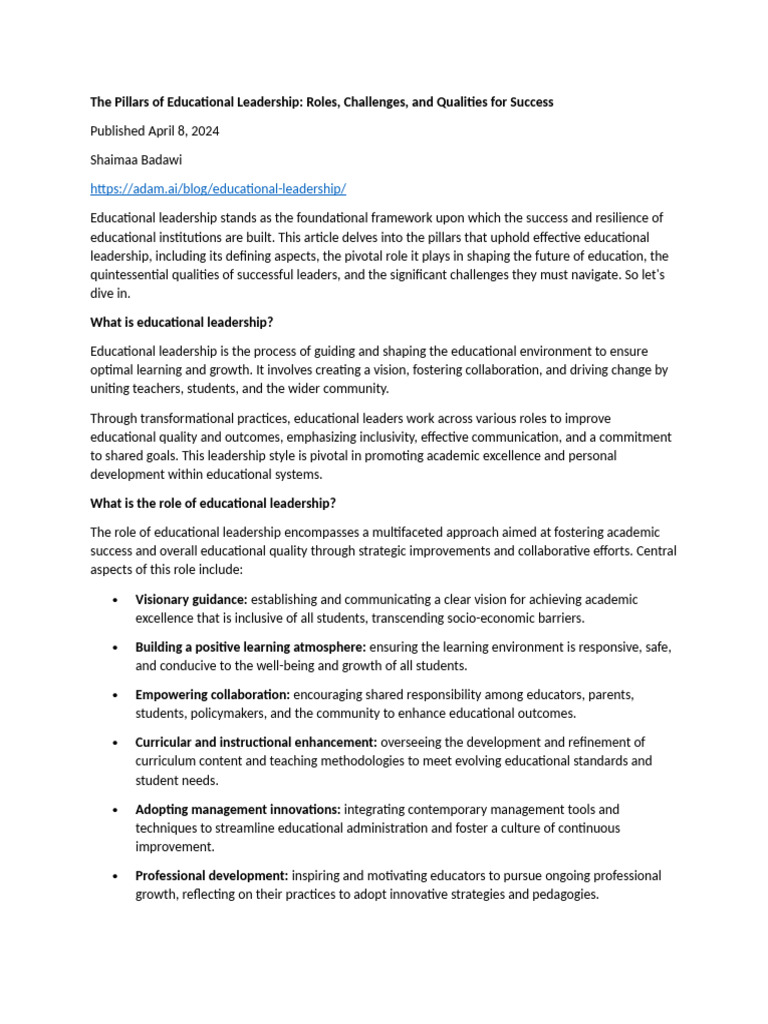 Key Qualities of Effective Educational Leaders | PDF | Leadership ...