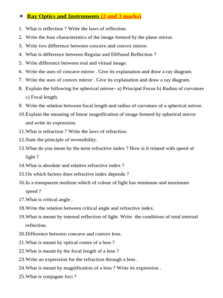 Ray Optics: Key Concepts and Questions | PDF | Optics | Reflection ...