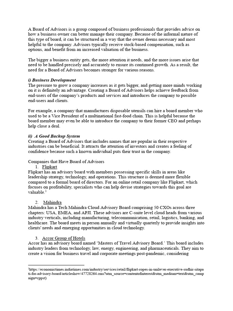 BOARD OF ADVISORS intelligence overview