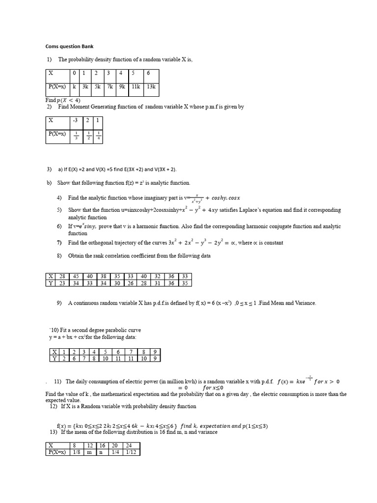 Question Bank On Correlation and Random Bvariable On Module 5 and 6 ...