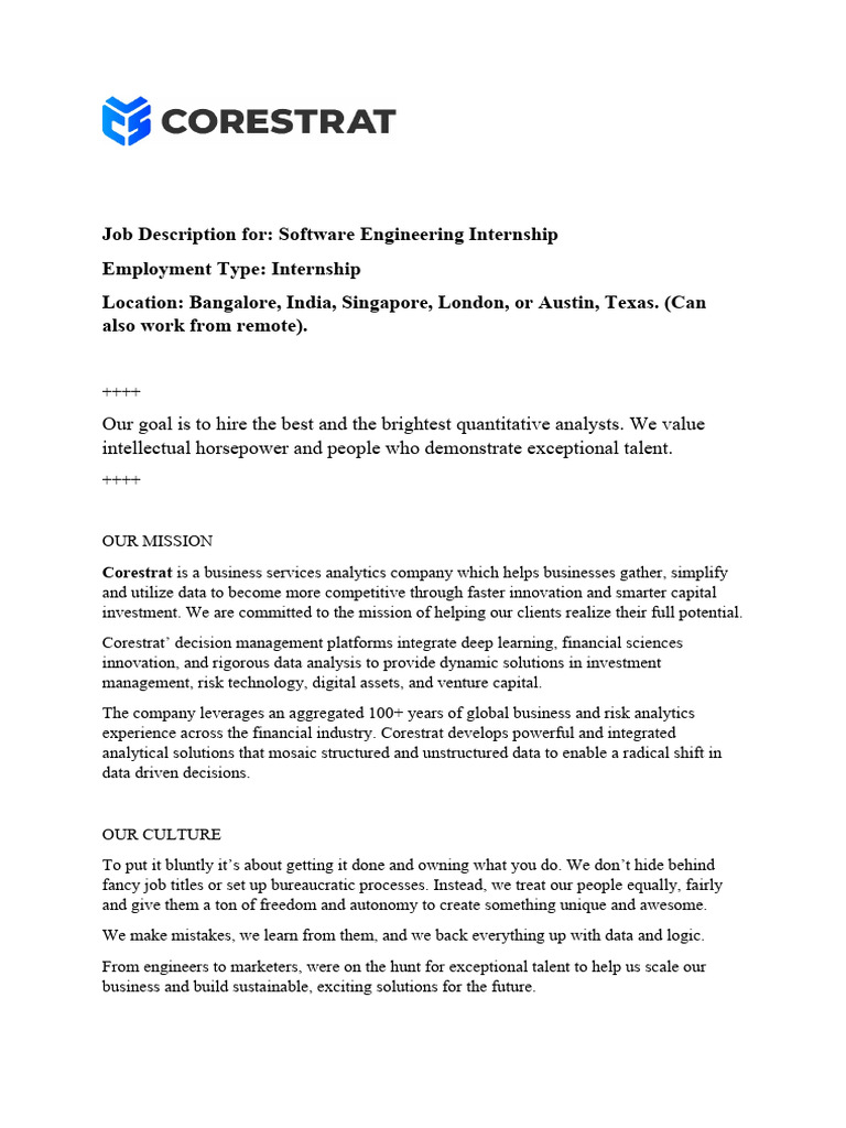 Software Engineering Internship at Corestrat | PDF | Analytics | Data ...