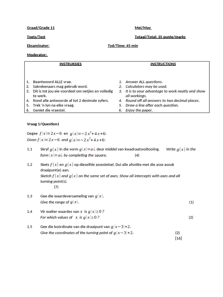 Grade 11 May Test: Functions & Graphs | PDF | Mathematical Objects ...