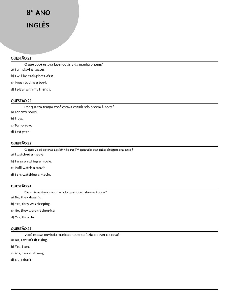 Exercícios de Inglês - 8º Ano | PDF
