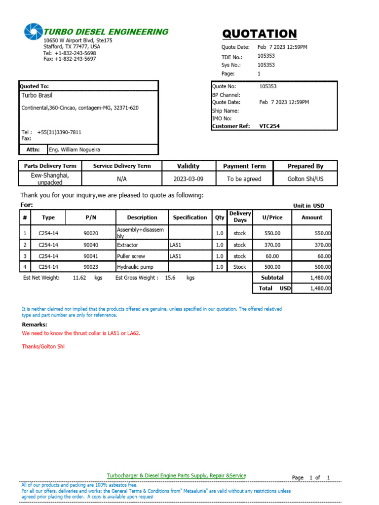 Turbo Diesel Parts Quotation 105353 | PDF | Engineering | Engines