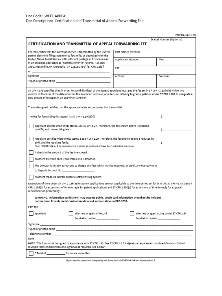 Appeal Fee Certification Form | PDF | United States Patent And ...
