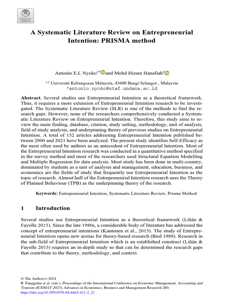 A Systematic Literature Review On Entrepreneurial Intention PRISMA ...