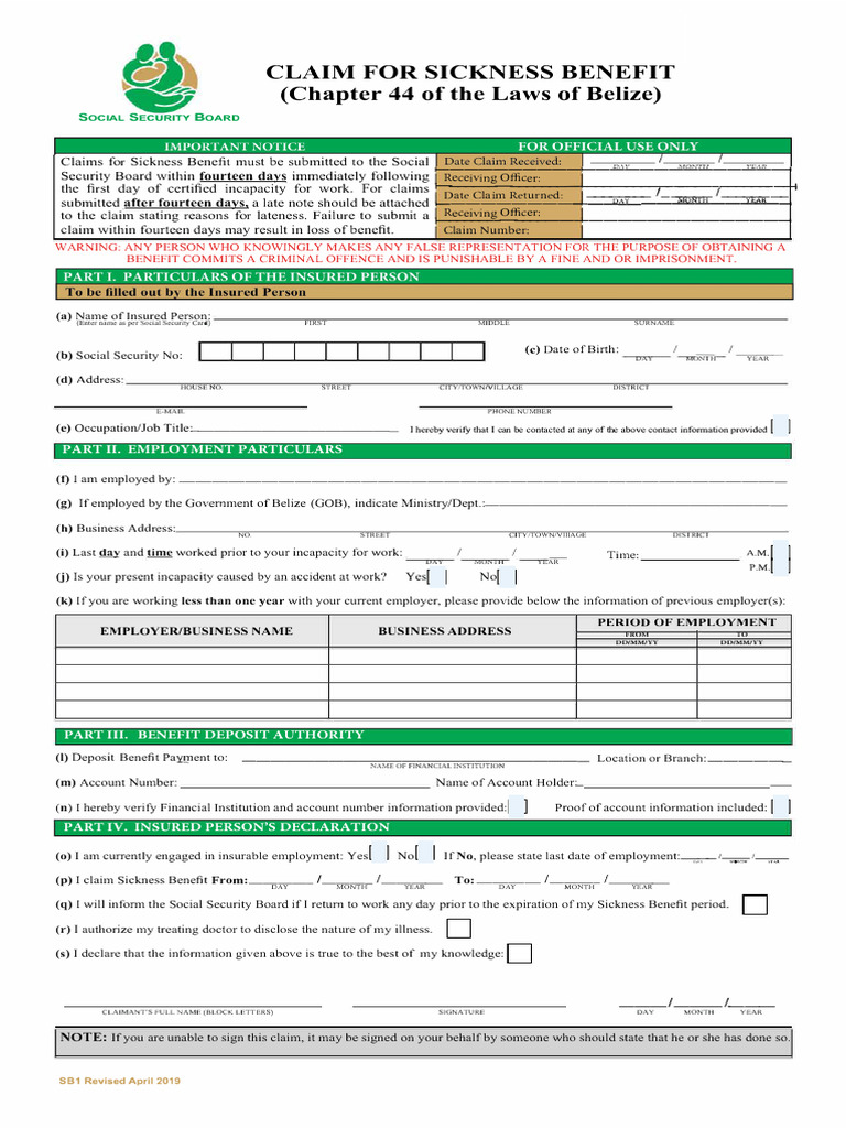 Belize Sickness Benefit Claim Form | PDF | Common Law | Justice