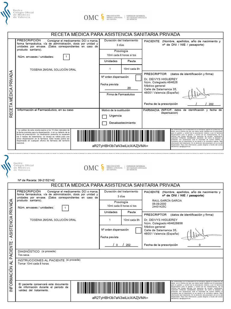 Receta Médica para Asistencia Sanitaria Privada: Duración Del ...