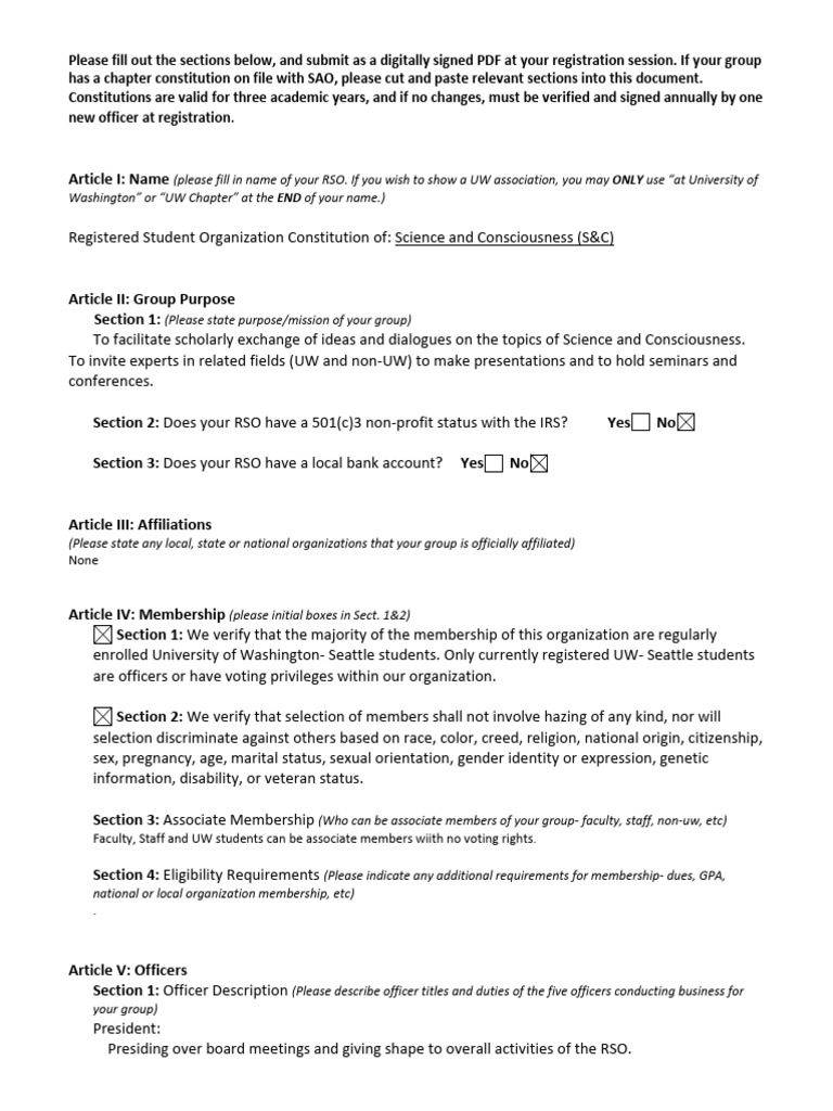 Science and Consciousness RSO Constitution | PDF | Constitutional ...