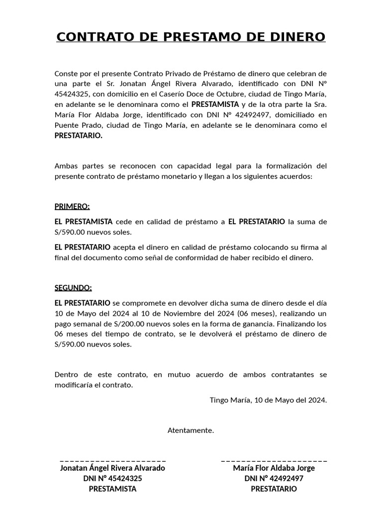 Contrato de Préstamo de Dinero Simple | PDF | Finanzas y dinero ...
