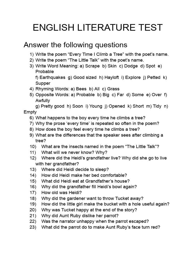 Class 3 English Literature Test Questions | PDF | Poetry