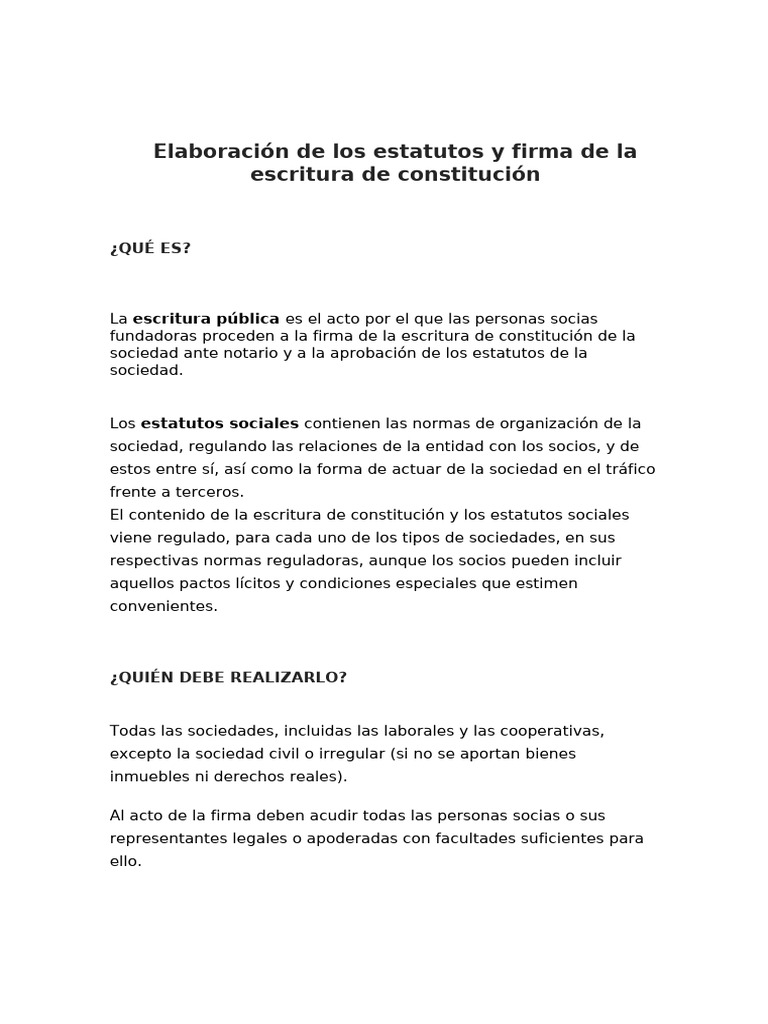 Elaboración de Los Estatutos y Firma de La Escritura de Constitución | PDF