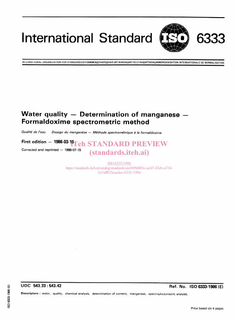 Manganese Determination Method ISO 6333 | PDF | Ammonia | Magnesium