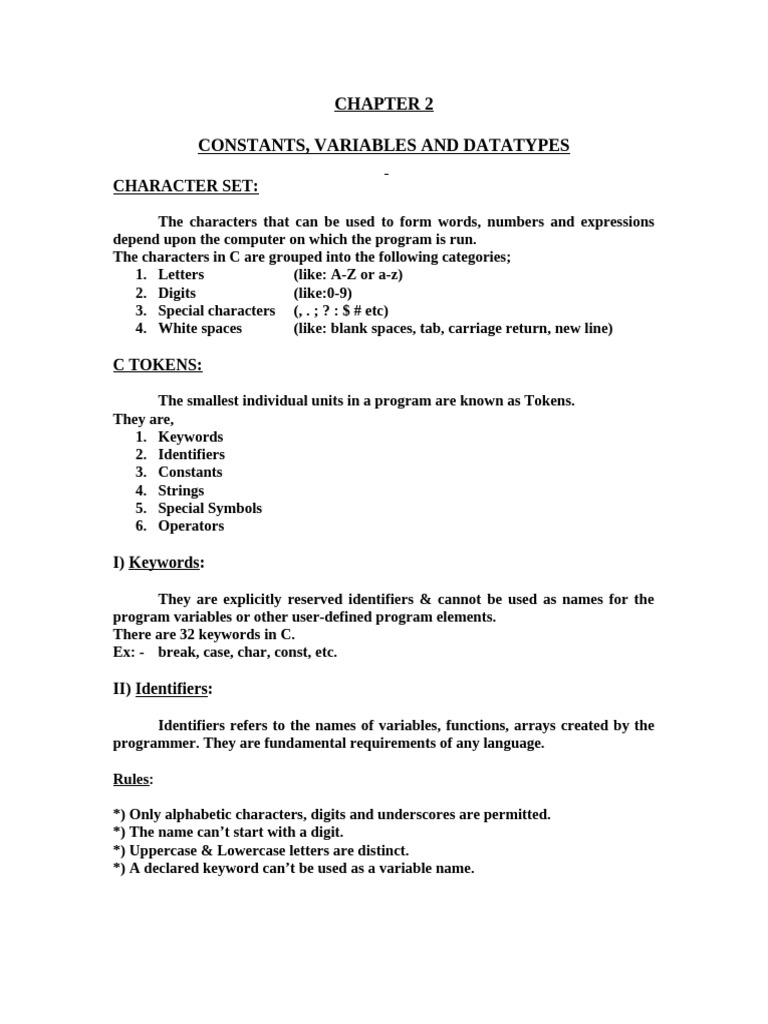 C Programming: Constants, Variables, Data Types | PDF | Integer ...