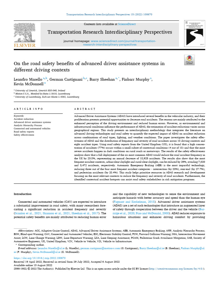 ADAS Impact on Road Safety Across Contexts | PDF | Traffic Collision ...
