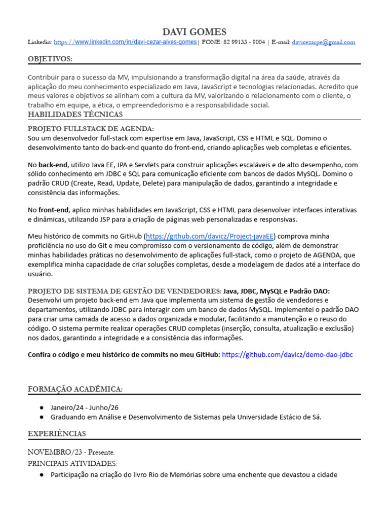 Davi Gomes: Desenvolvedor Full-Stack | PDF | Script Java | Java ...
