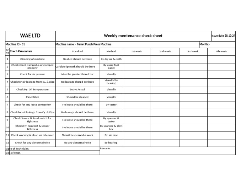 Weekly Maintenance Checklist for Turret Punch Press | PDF