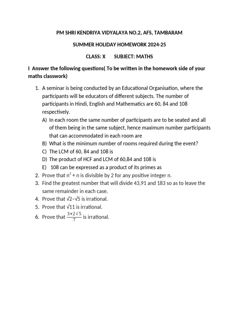 Class X Maths Summer Homework 2024 | PDF | Teaching Methods & Materials ...