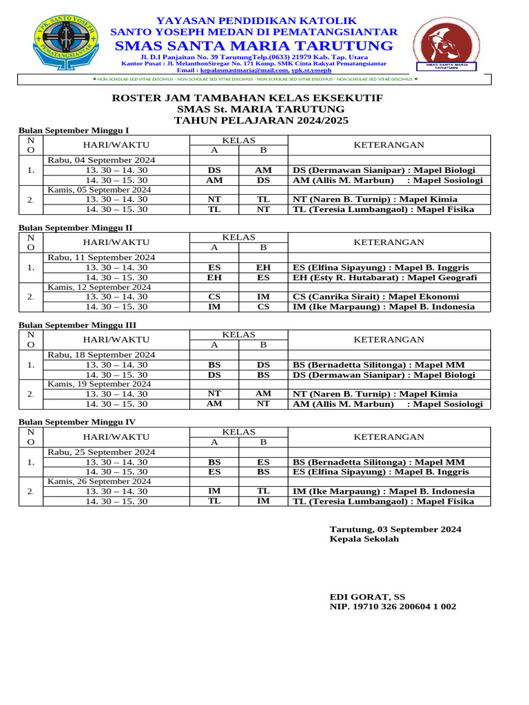 Roster Kelas Eksekutif SMAS St. Maria | PDF