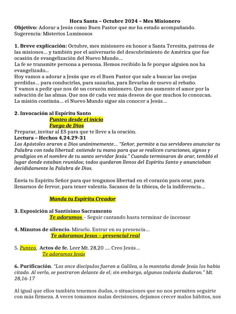 OCT 2024 Hora Santa - Guia y Cantos | PDF | Oración | Jesús